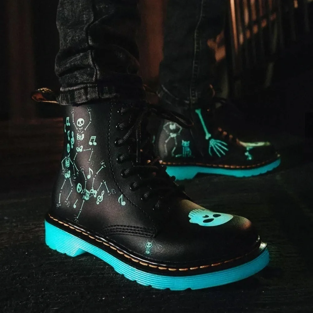 DR. MARTEN Kids Glow in the Dark Skeleton Combat Style Boots Skelly Print Hydro